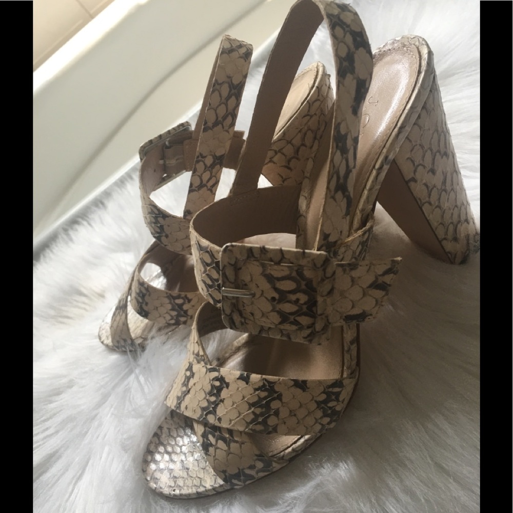 J Crew Sydney Snakeskin Heels with buckle strap